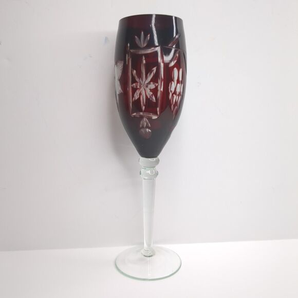 Ajka Marsala Cut Clear Crystal Tall Stem Ruby Red Champagne Flute Glasses 10" - Picture 3 of 6